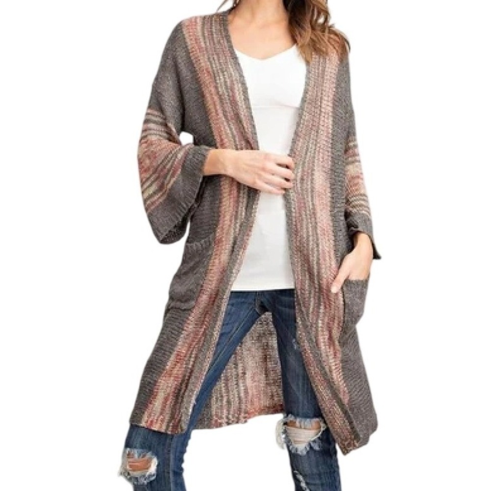 Easel Los Angeles Olive Green Rust Space Dye Longline Open Front Cardigan M/L